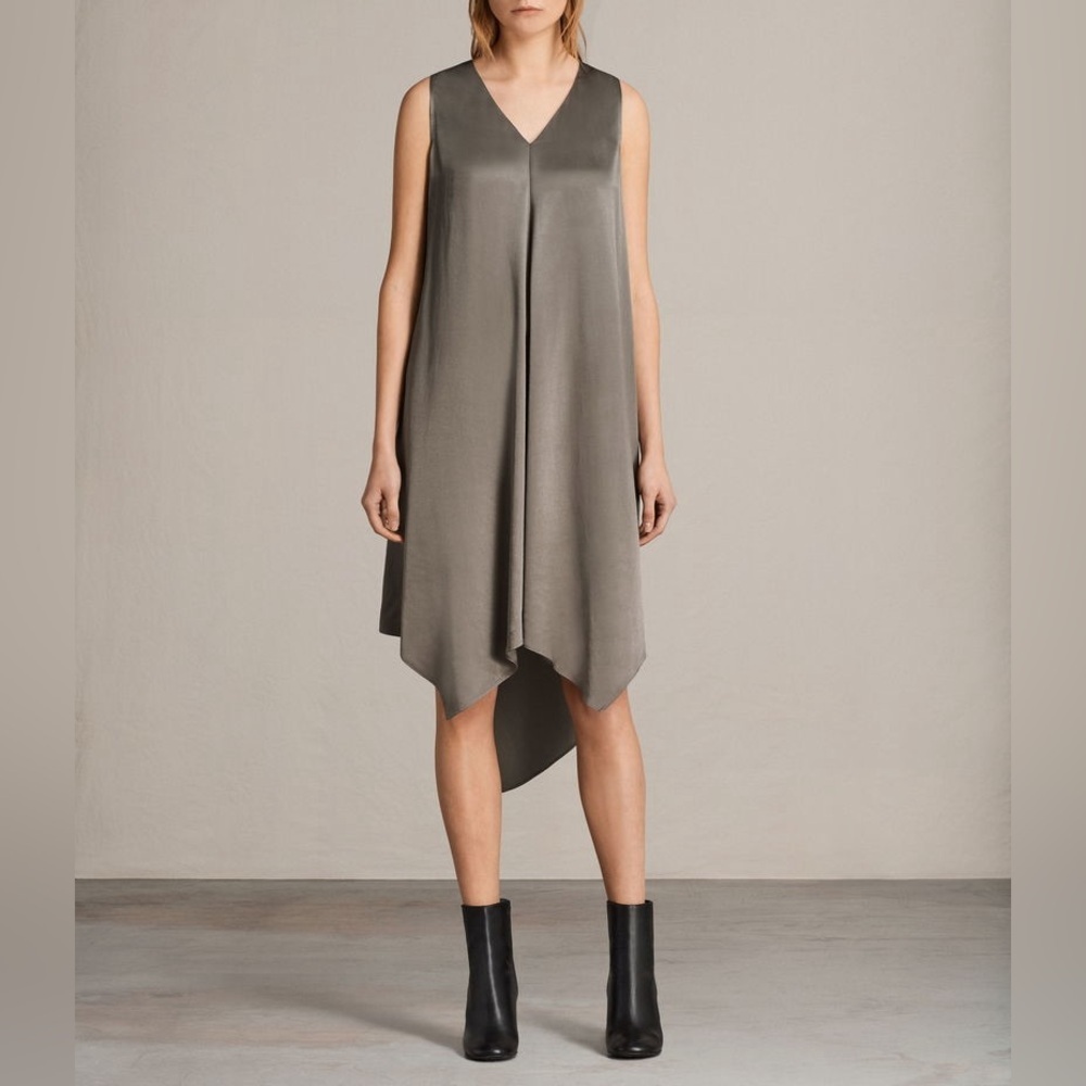 AllSaints Blaze Midi Satin Finish V-Neck Dress Grey Size 4